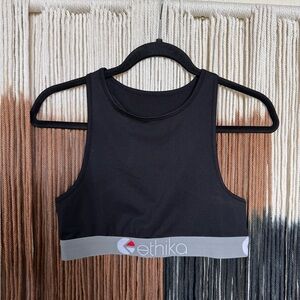 Black Ethika high neck mesh style sports bra with a grey elastic band